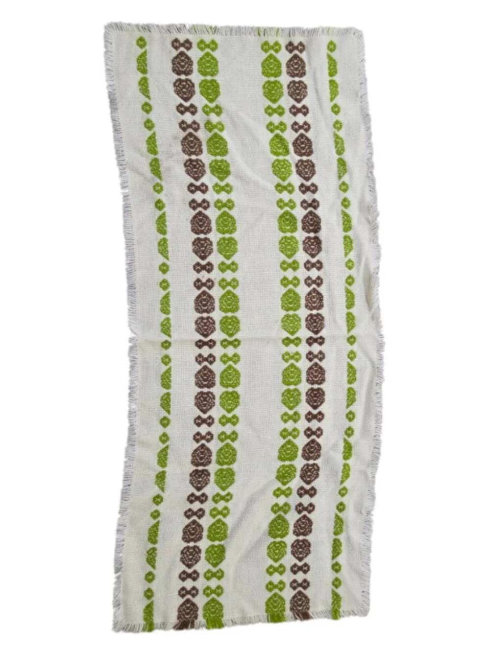 Vintage Mid Century handwoven green brown cotton table runner 36